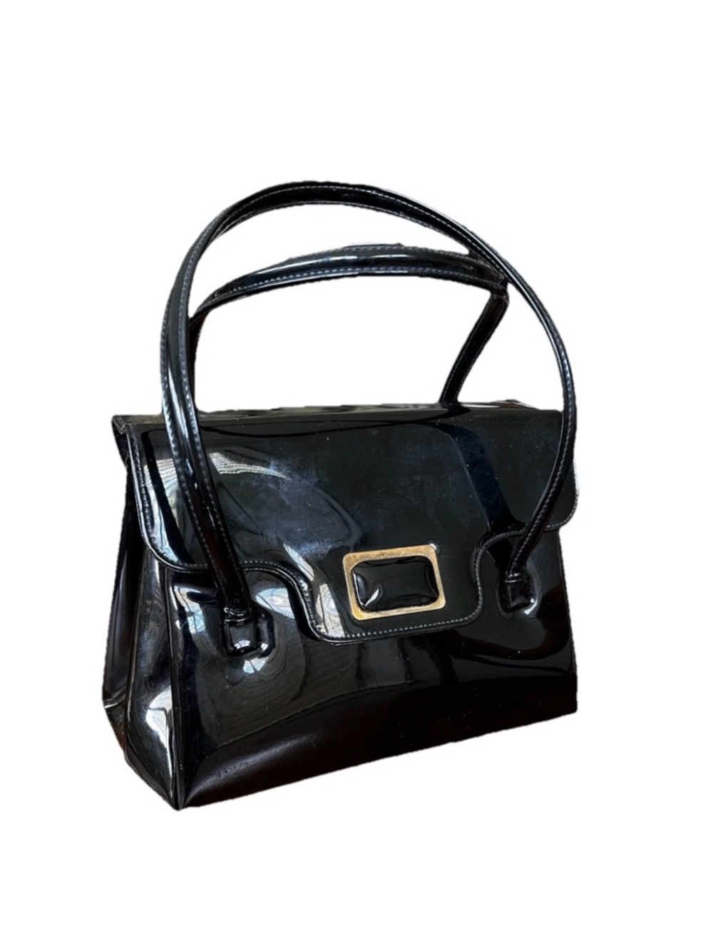Vintage 50’s Black Patent Leather Frame Handbag Gold Hardware Crown Lewis